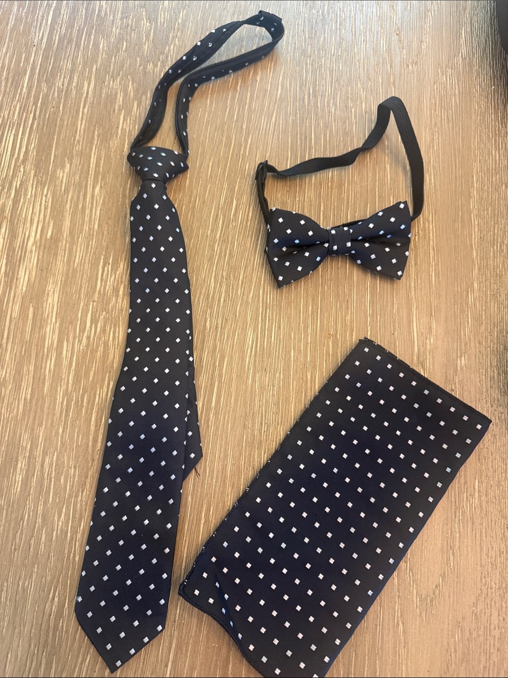 Boys Black Polka Dot Tie, Bow Tie & Pocket Square Set.  New